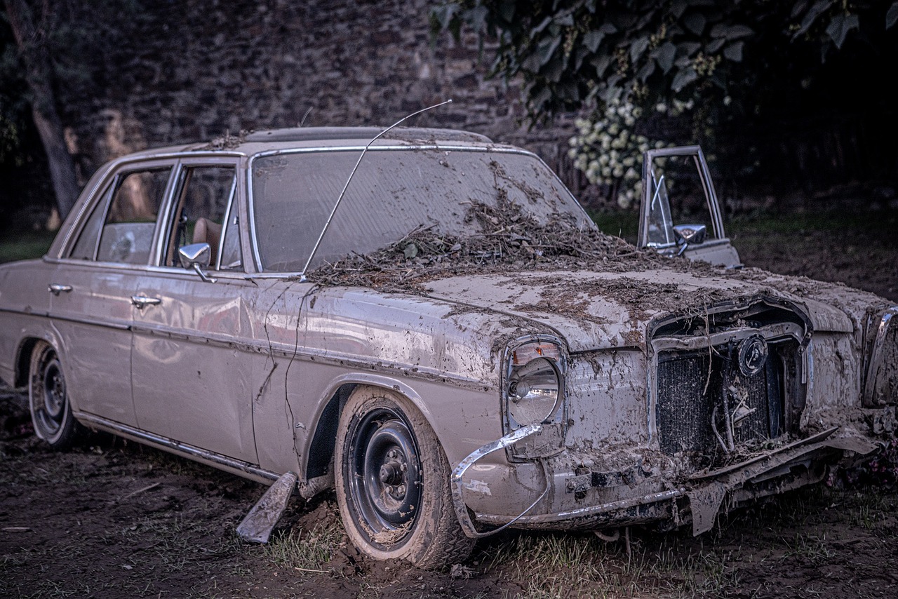 flood, car, ahrweiler, mercedes, dirt, mud, oldtimer, classic, auto, automobile, automotive, old, retro, vintage, vehicle, high water