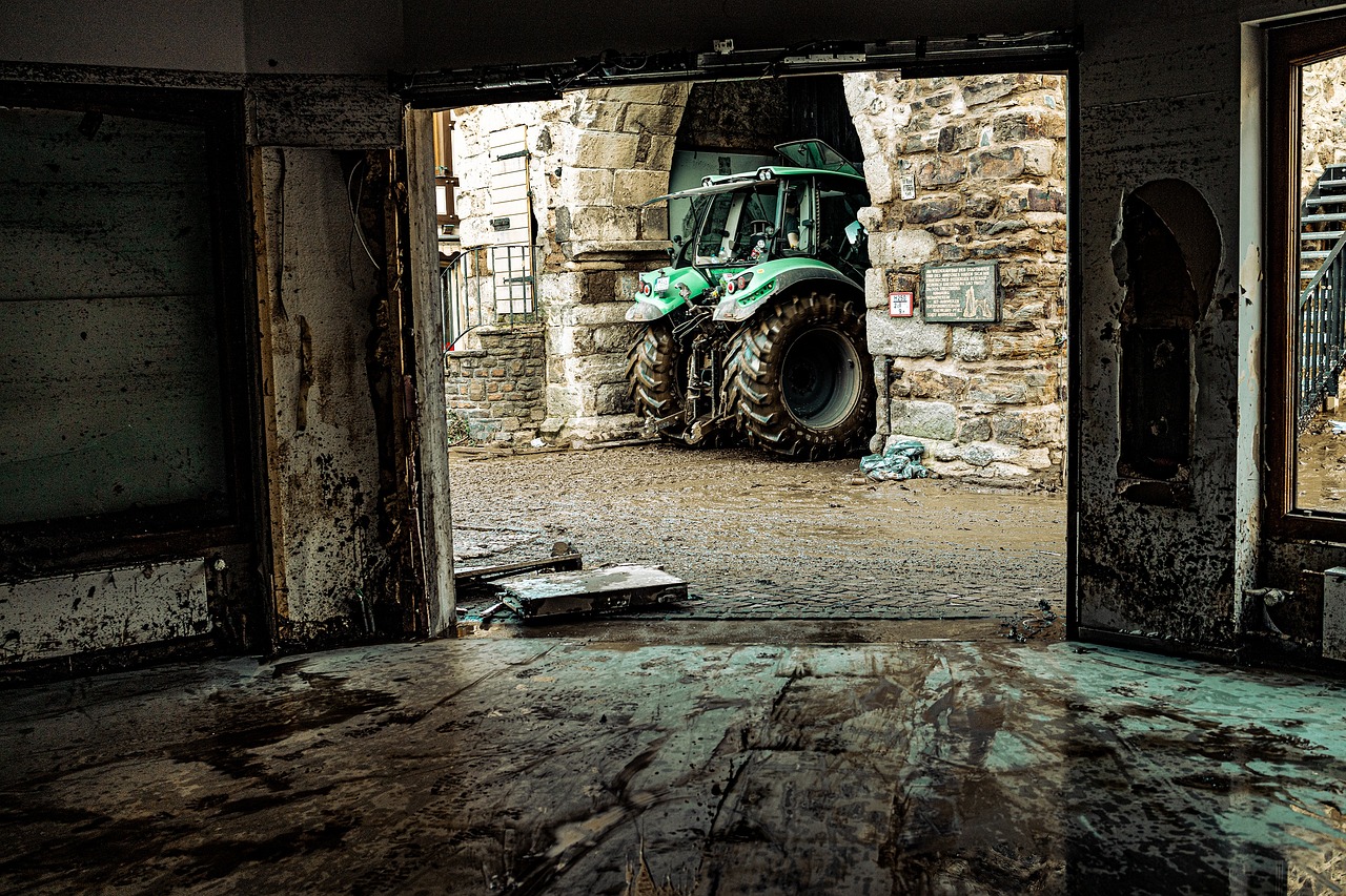 flood, mud, tractor, ahrweiler, dirt, building, old building, street, town, high water